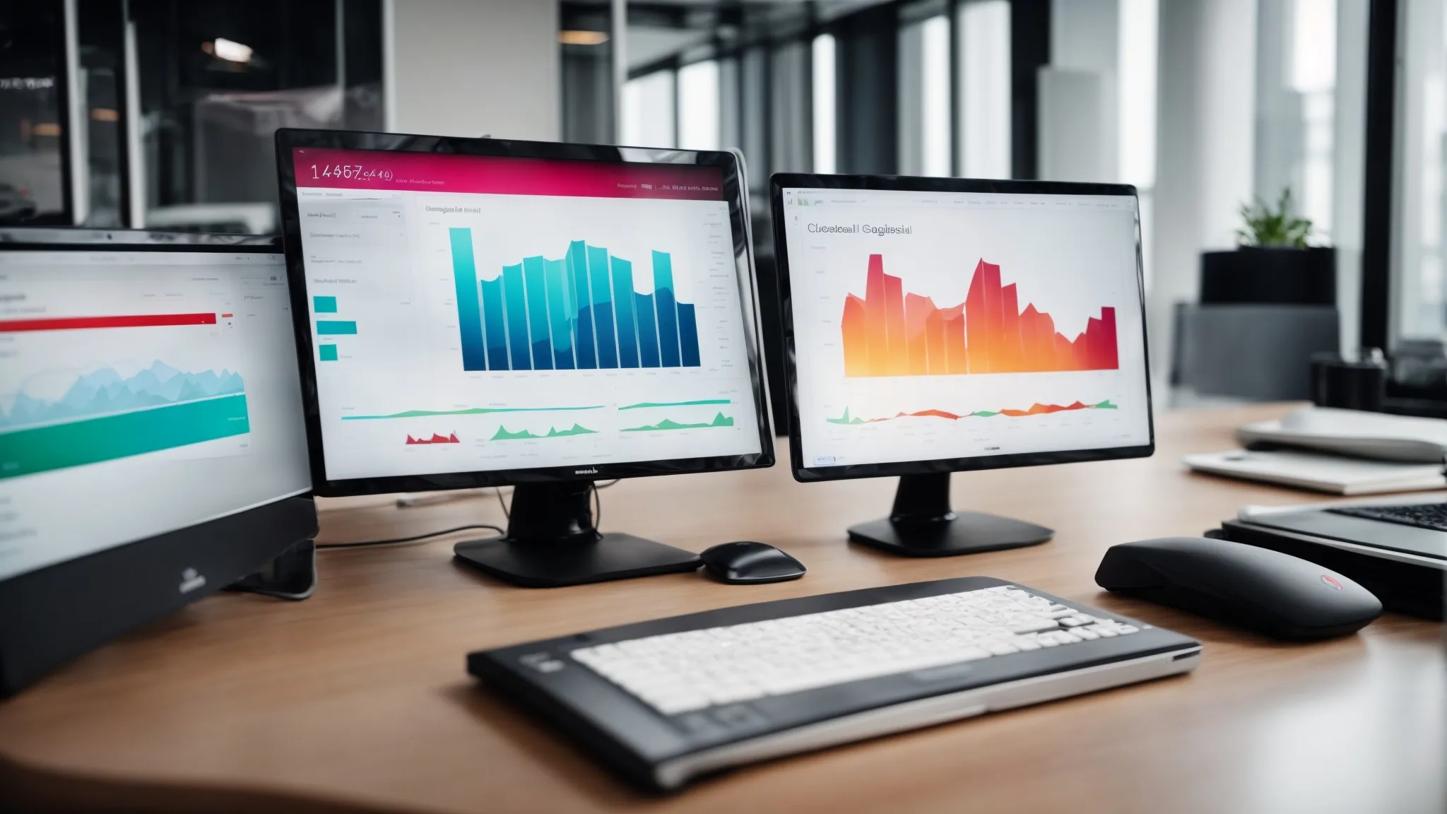 a computer screen displaying colorful graphs and analytics of search engine performance in a modern office setting.