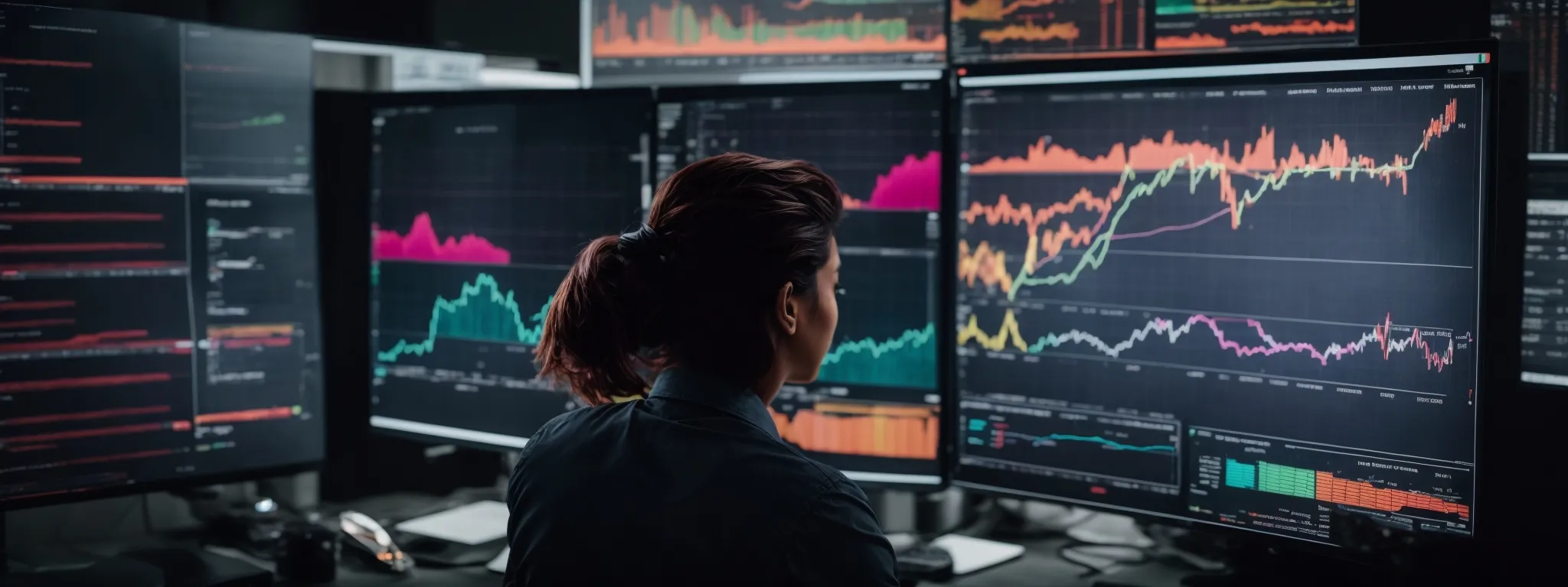a marketer intently studies a computer screen displaying colorful graphs and charts of website analytics.