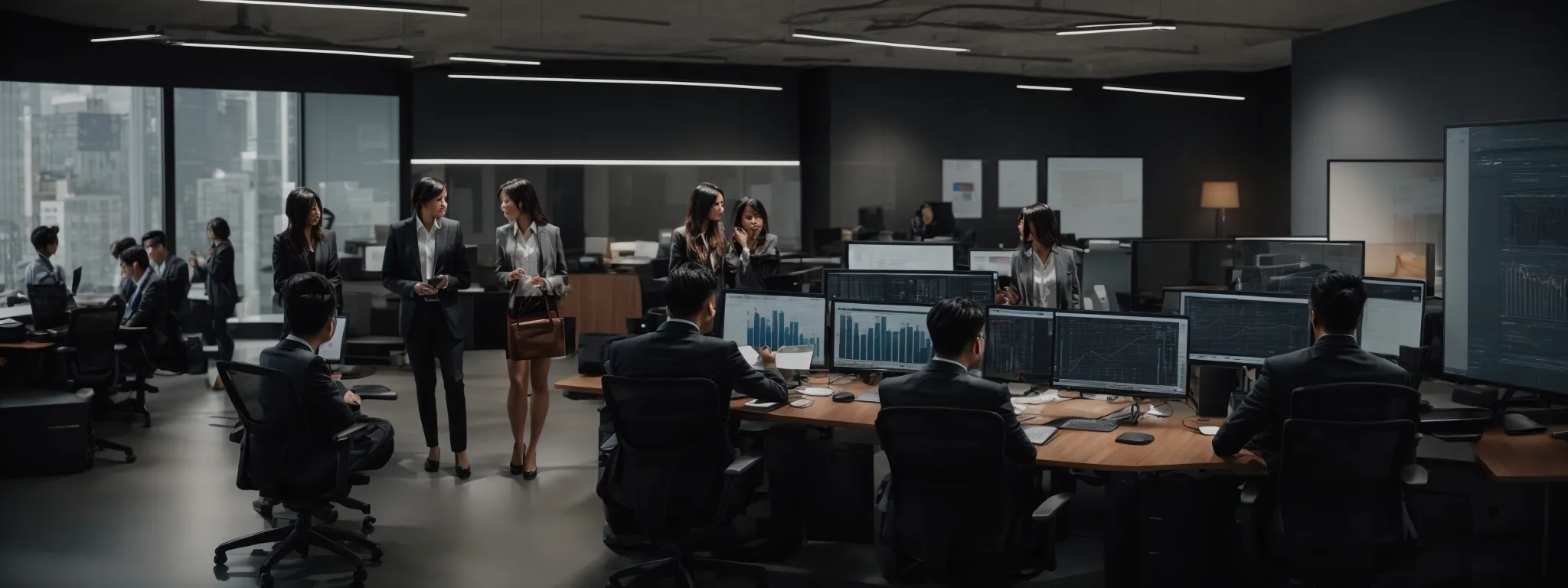 a team meeting at a modern office where marketing professionals analyze data charts on a computer screen.