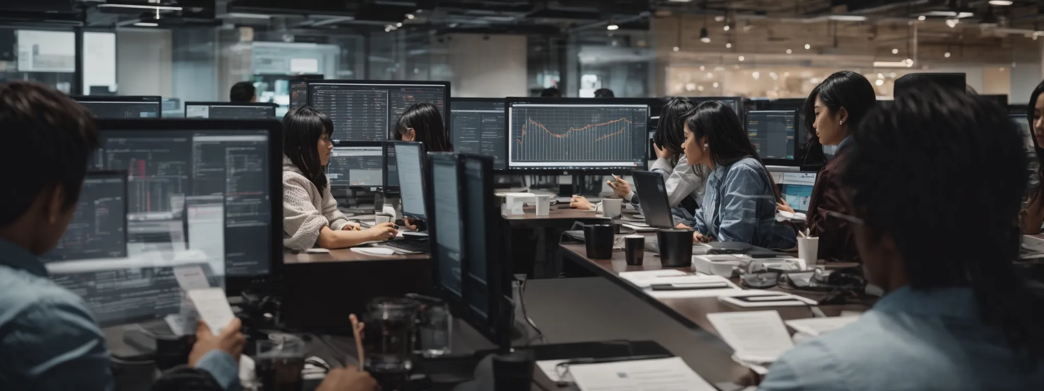 a bustling digital marketing agency with professionals analyzing graphs and charts on computer screens.