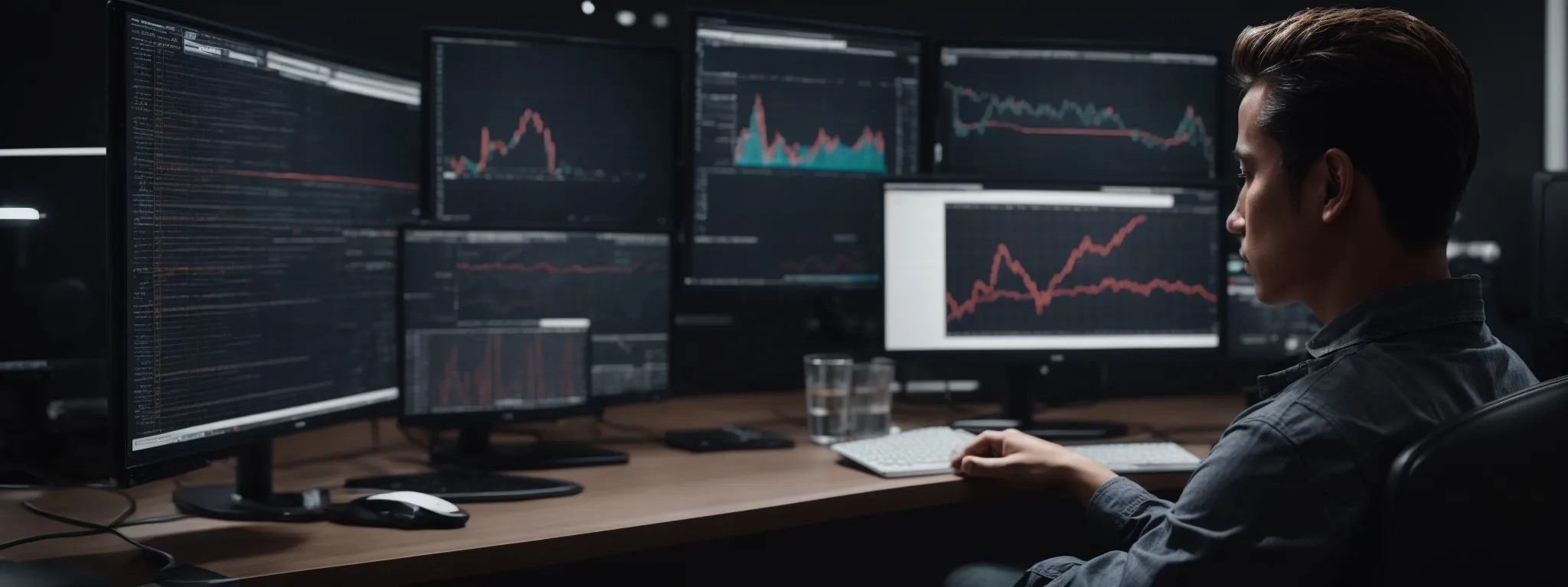 a person sitting before multiple computer monitors displaying intricate analytics and website data while engaging in a focused online conference.