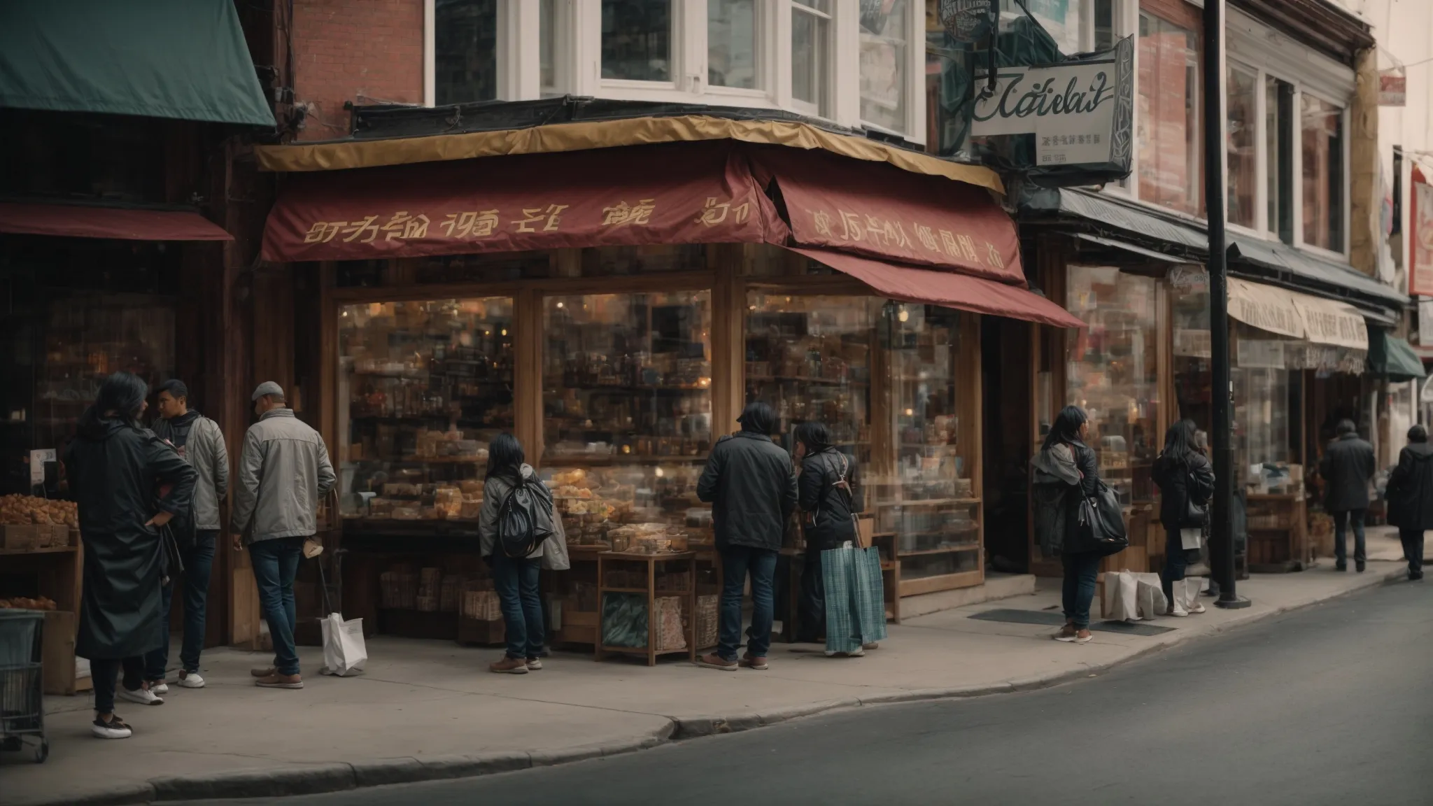 a bustling street corner with diverse shops and storefronts, bustling with potential customers looking at their phones for local business information.