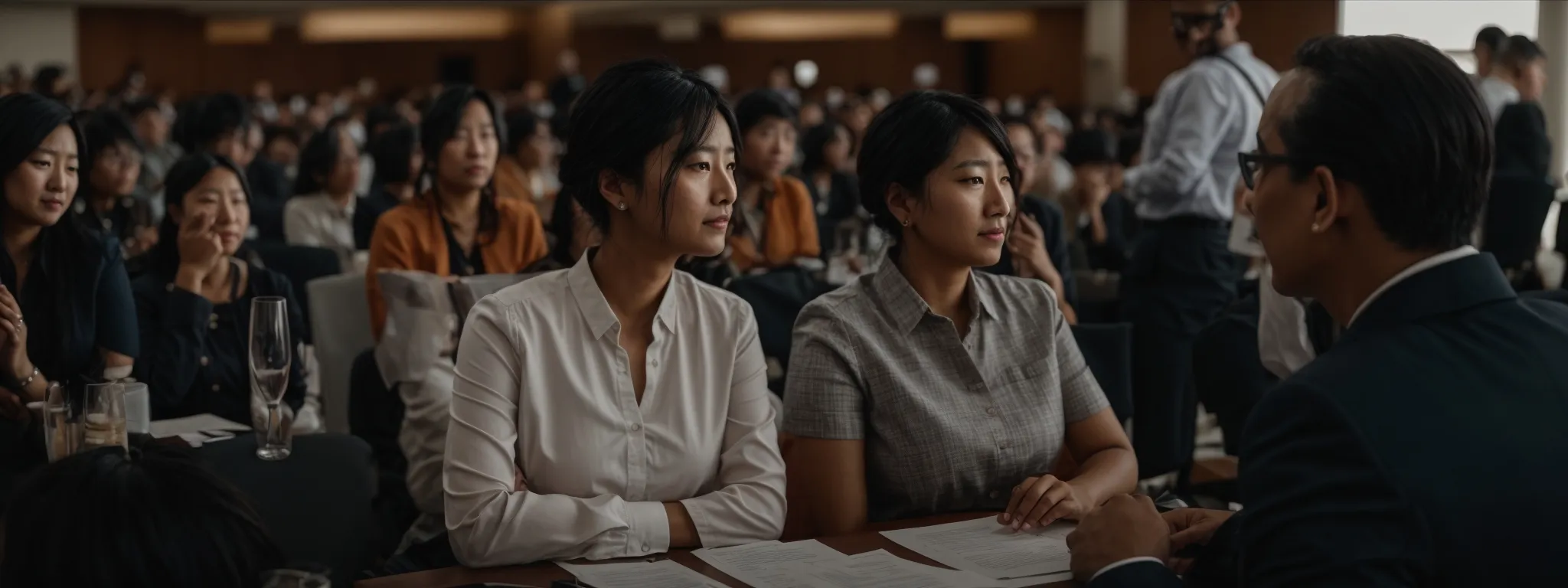 a translator and an interpreter are attentively collaborating at a multicultural conference.