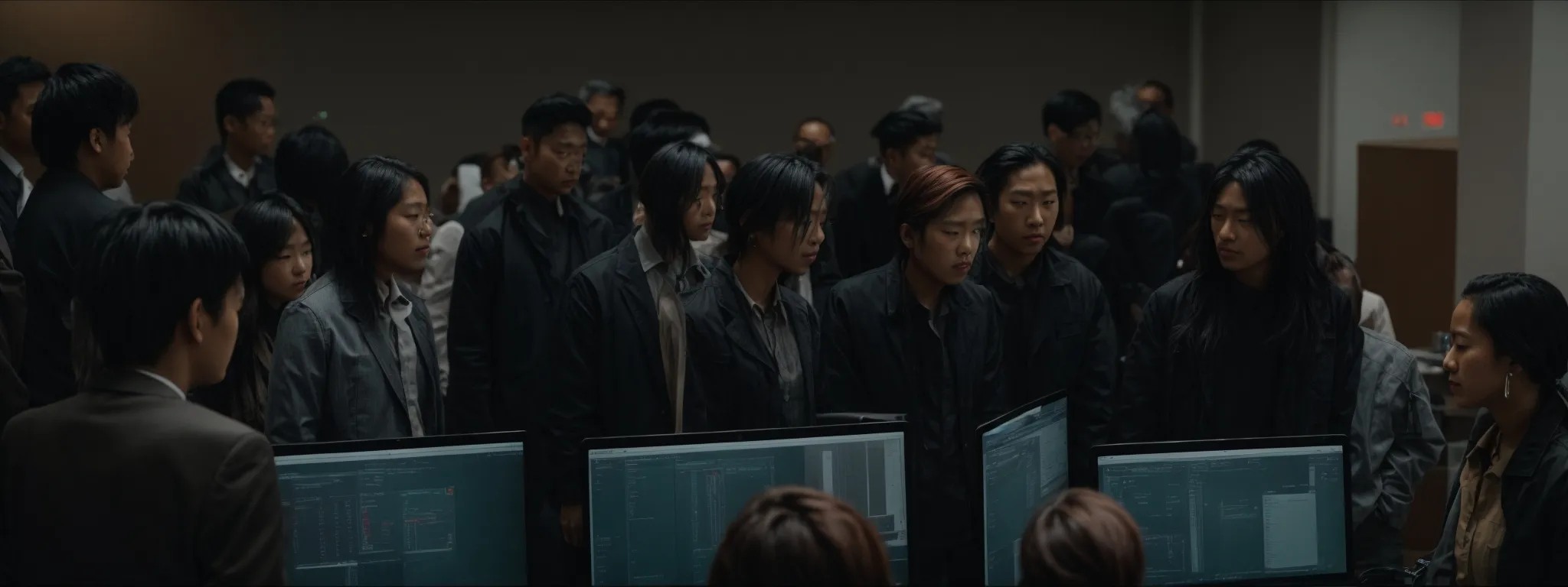 a diverse group of people gathered around a large computer screen, engaged in a collaborative discussion.
