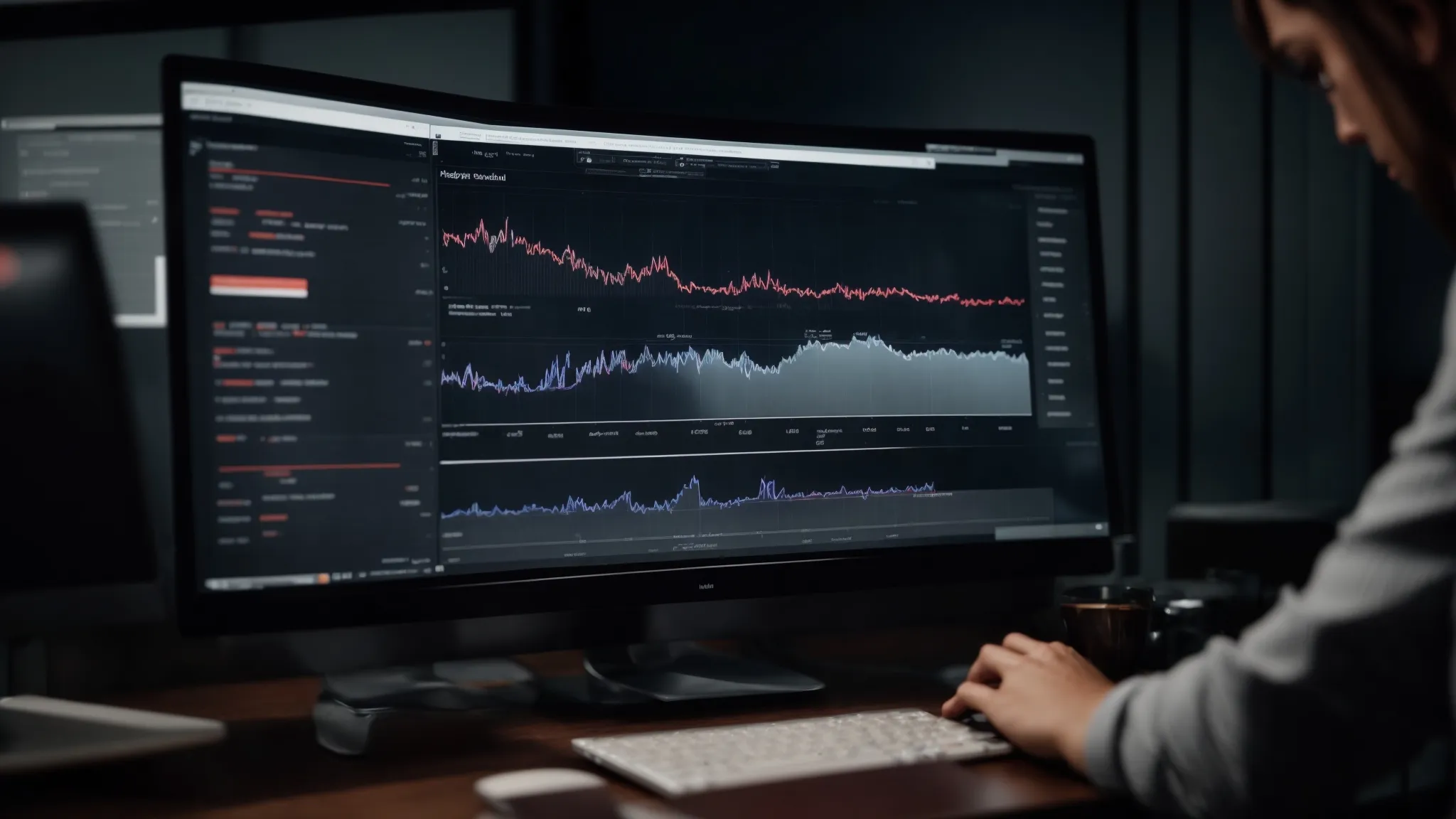 a marketer analyzes graphs on a computer screen depicting search trends and keyword performance.