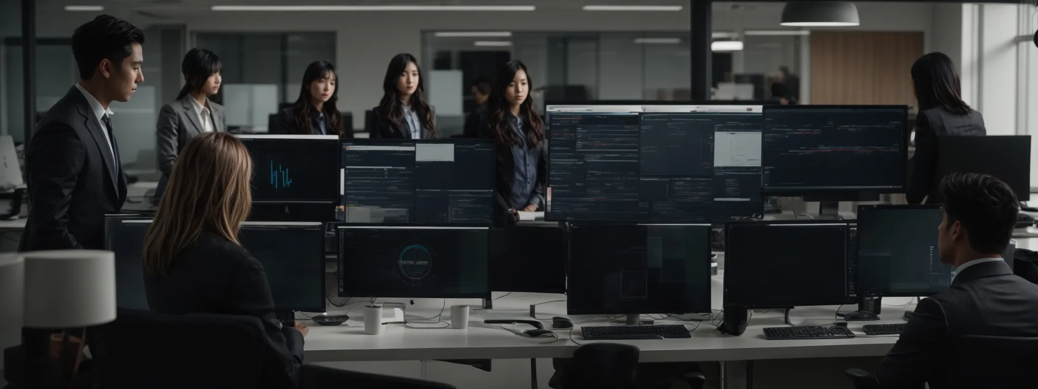 a sleek office environment with a group of professionals gathered around a modern computer monitor, reviewing recruitment analytics on LinkGraph's platform.