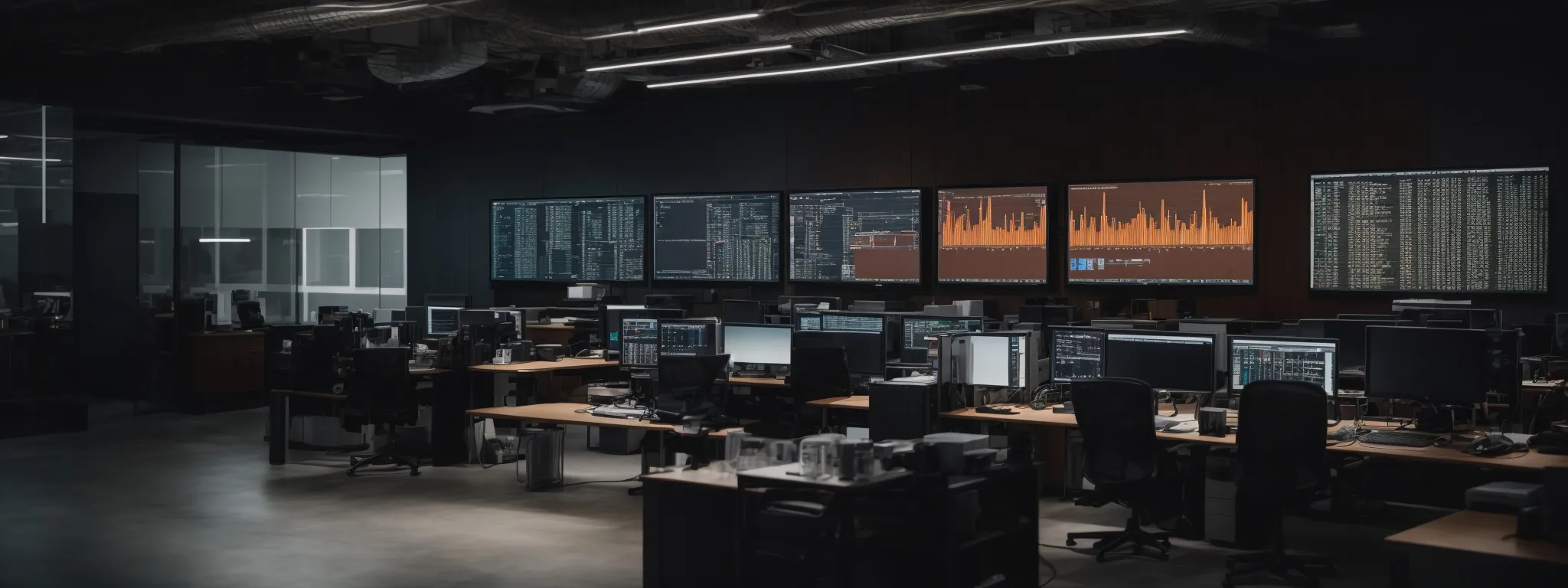 a modern office with computers displaying website code and analytics on the screens.