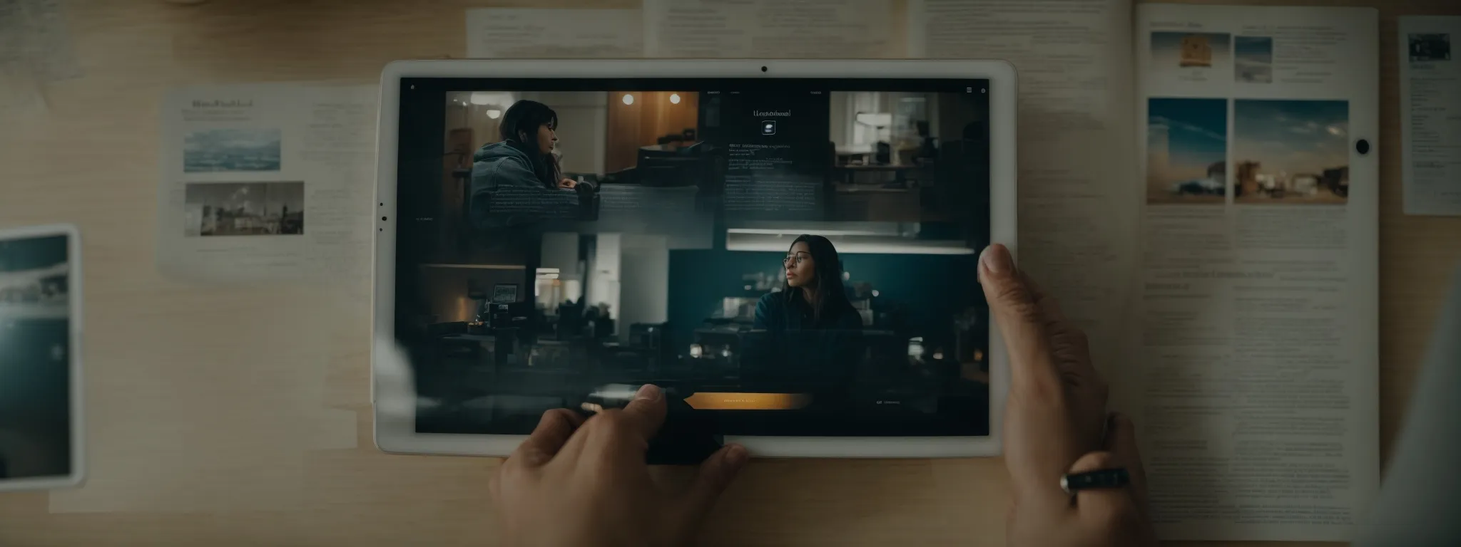 a person reading an article on a tablet with various connected icons representing hyperlinked content.