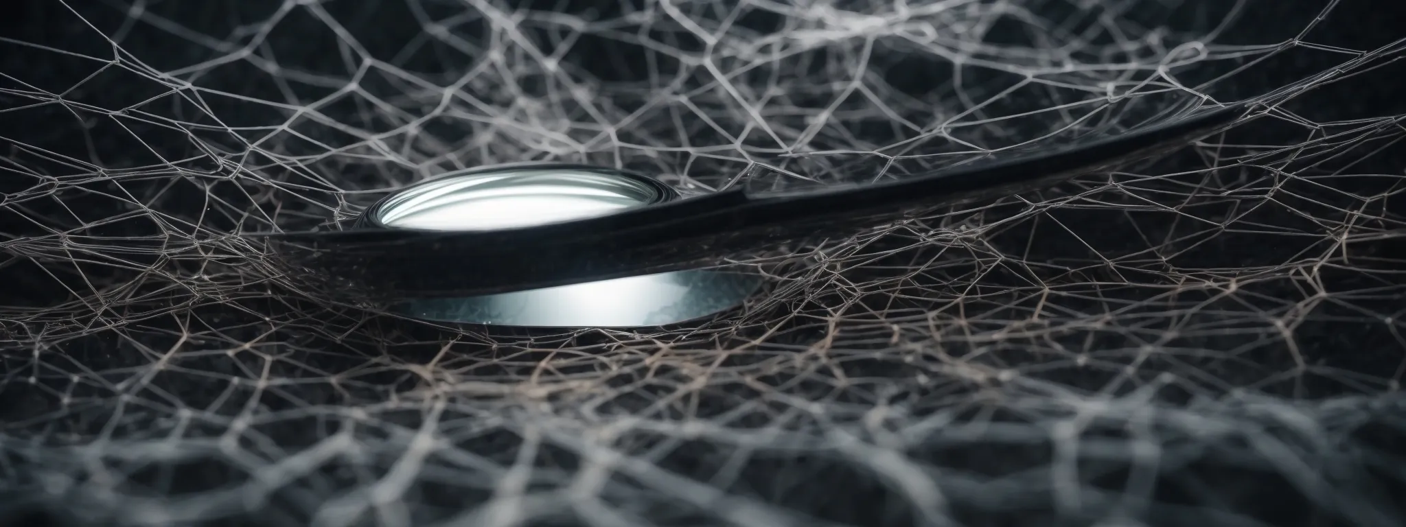 a magnifying glass hovering over a web-like structure illustrating the interconnected paths of a well-organized internal link network.