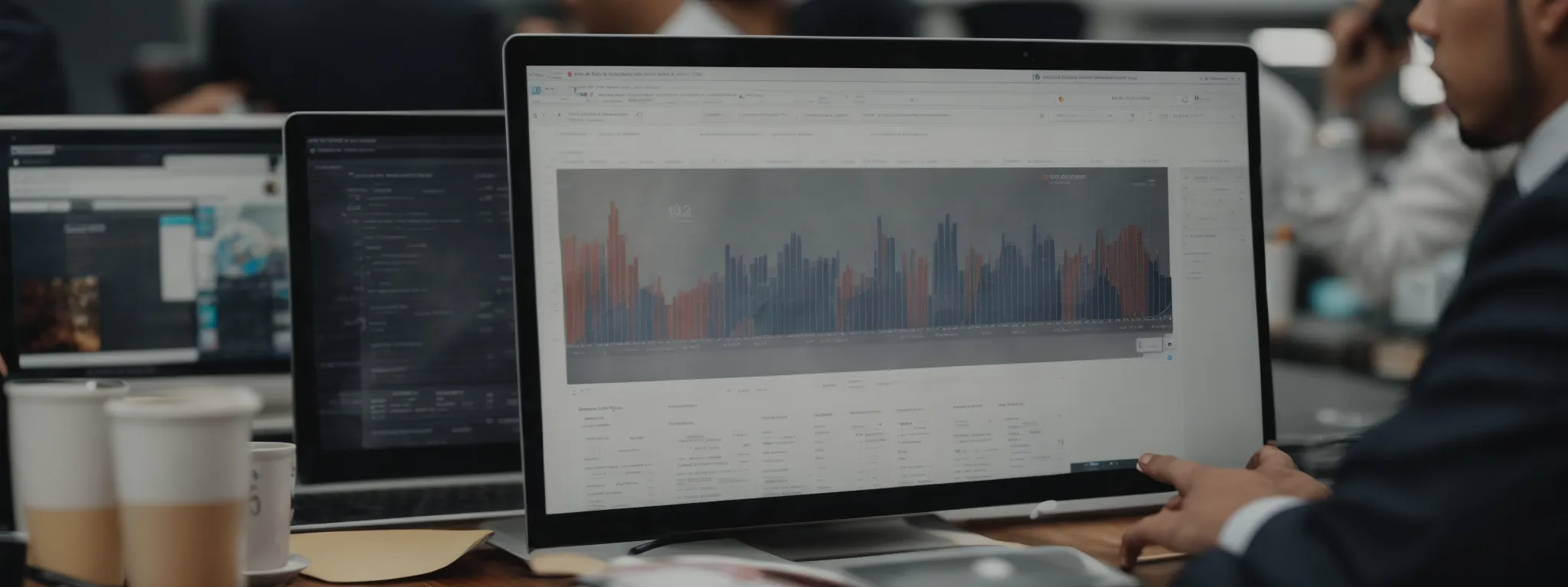 a business executive examines an seo roadmap on their computer screen amidst a bustling but budget-conscious marketing department.