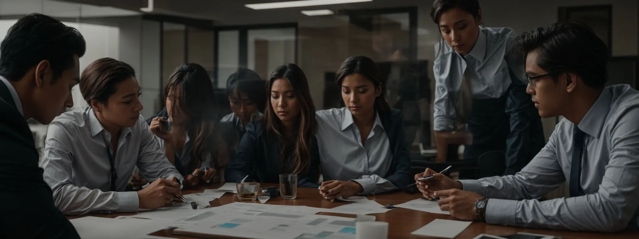 a team gathered around a conference table, examining charts and interacting over a shared document, embodies a collaborative review session.