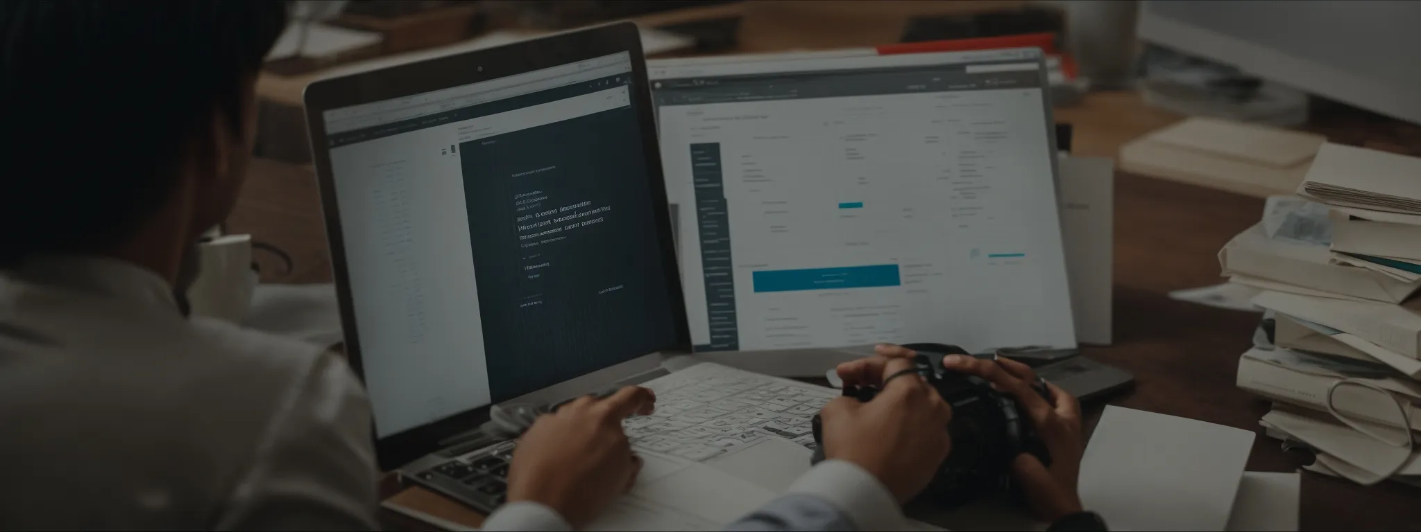 a person reviewing analytical data on a computer screen surrounded by marketing strategy documents.
