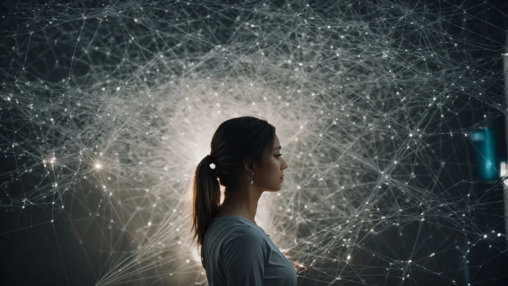 a focused individual analyzes a complex web of interconnected nodes representing a website's seo structure on a digital interface.