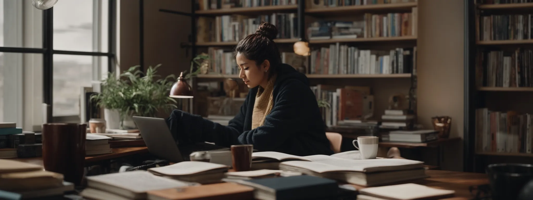 a person sits at a spacious desk, intently typing on a laptop surrounded by open books and a coffee mug, symbolizing content creation and strategy planning.