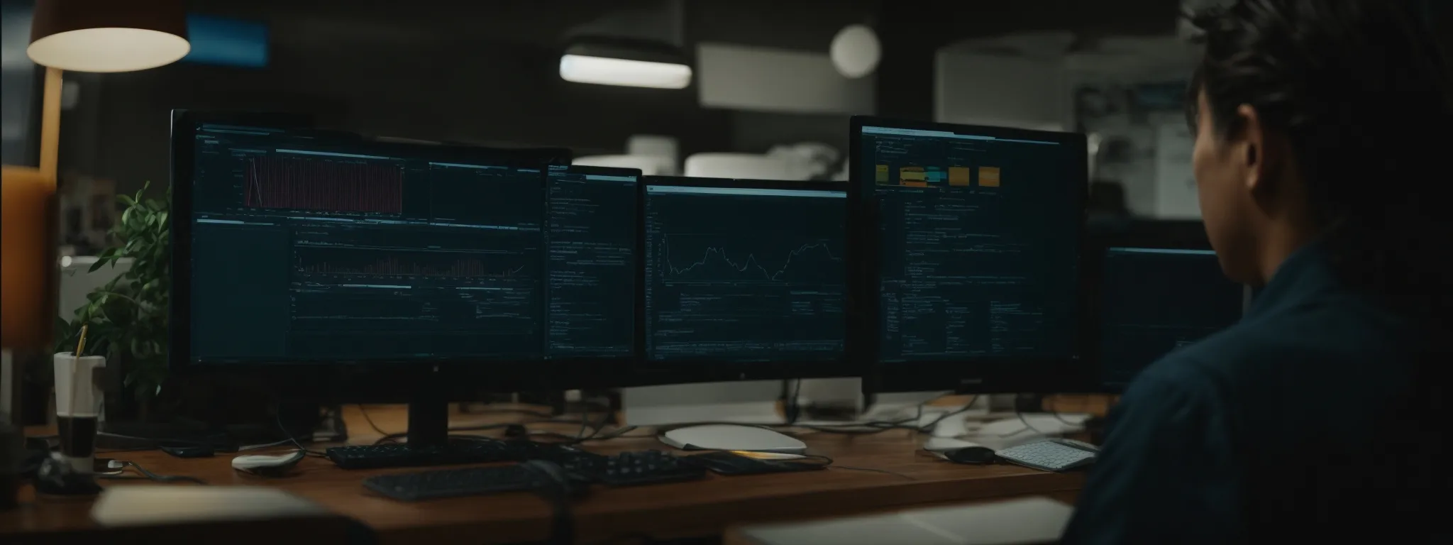 a person seated at a desk monitors analytics on a computer screen while adjusting a webpage's title tags.