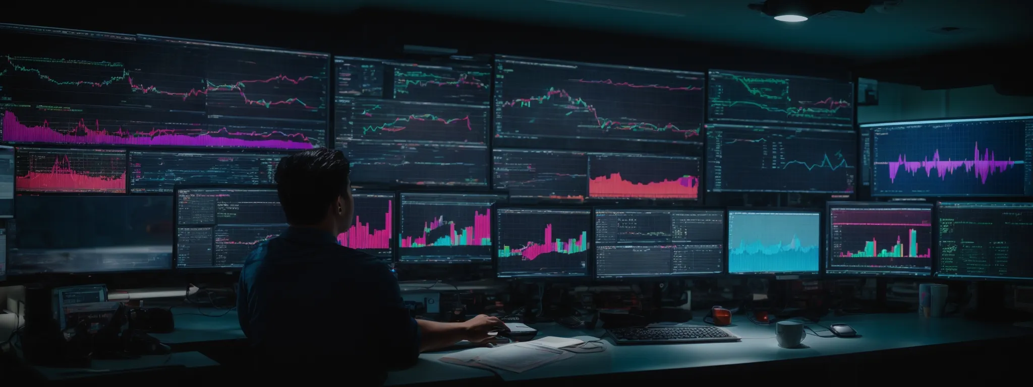 a person sitting at a desk with multiple computer monitors displaying colorful charts and website analytics.