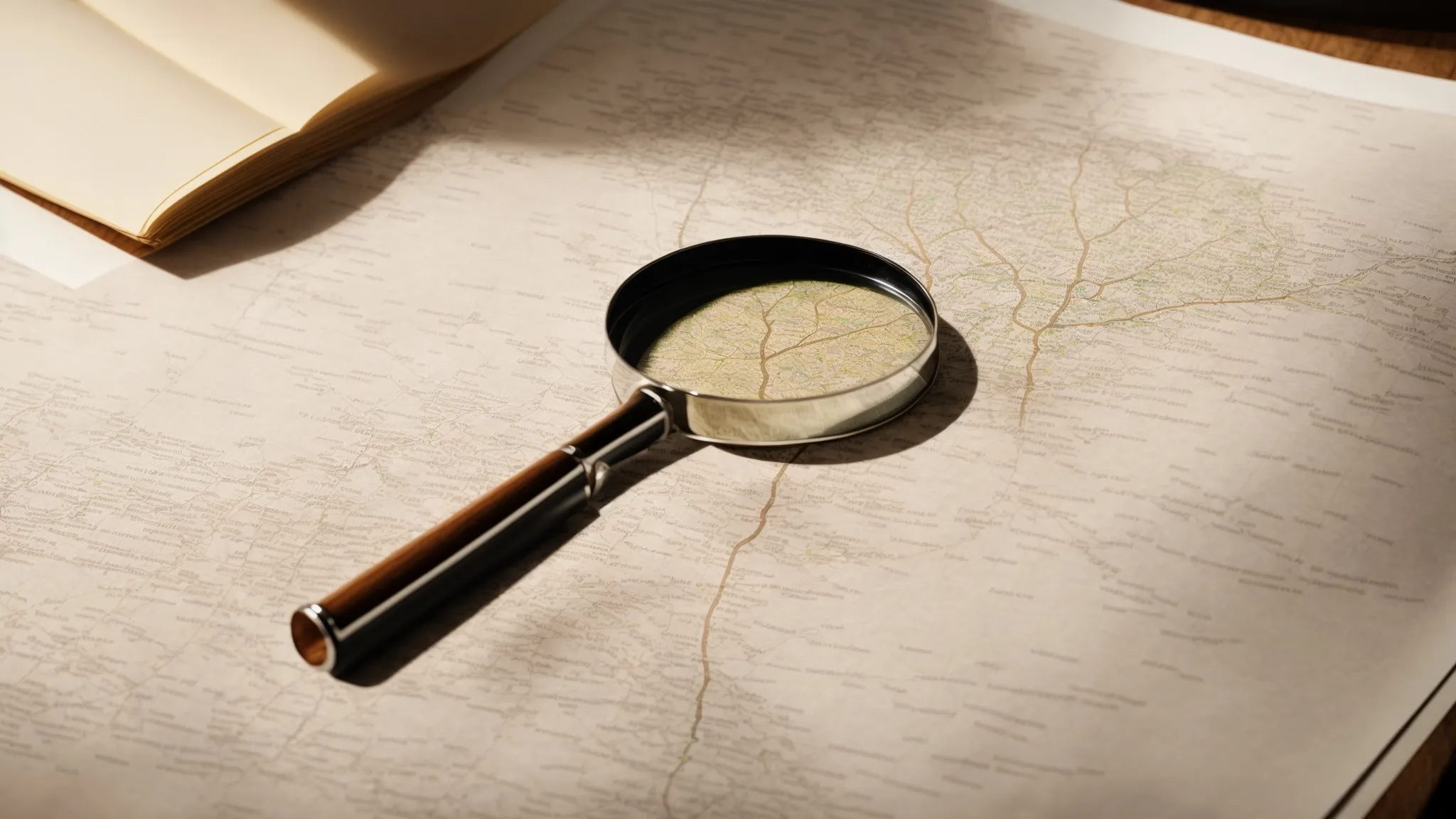 a person using a magnifying glass to examine a branching tree diagram, symbolizing the search for extended, specific keyword phrases.