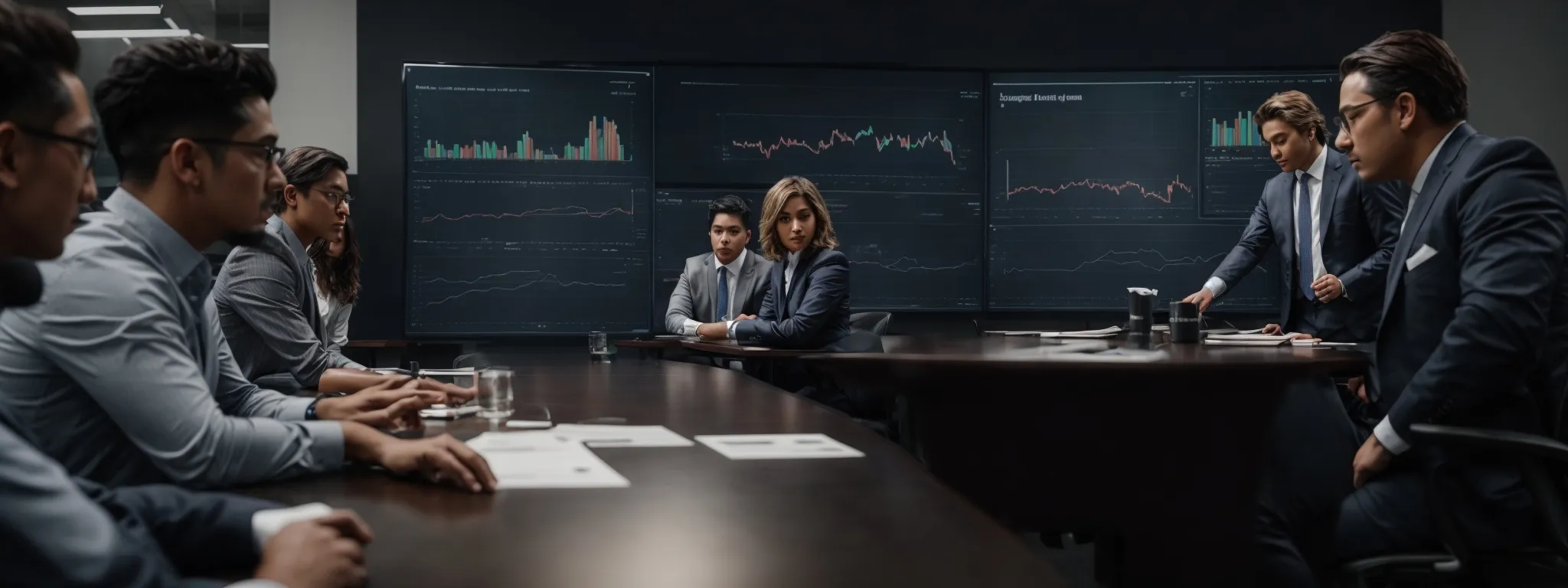 a team of professionals gathered around a conference table, strategizing over graphs and charts displayed on a large digital screen.