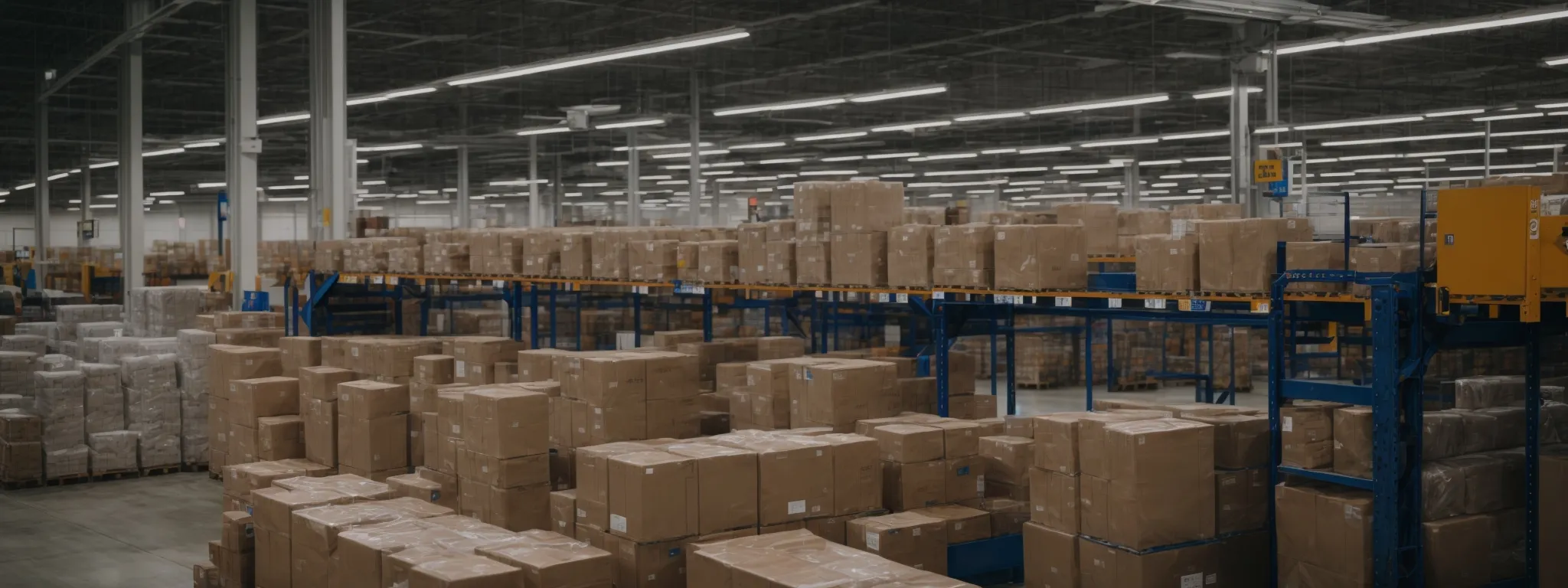 a bustling e-commerce warehouse with rows of packaged products ready to be shipped.