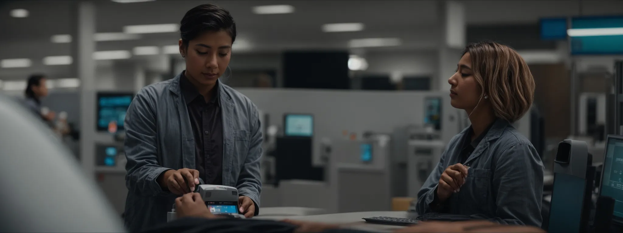 an employee assisting a contented customer with a digital interface in a clean and modern service center.