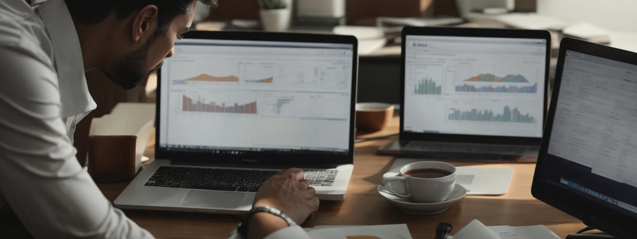 a focused individual typing on a laptop surrounded by marketing strategy notes and analytics reports on a well-lit desk.