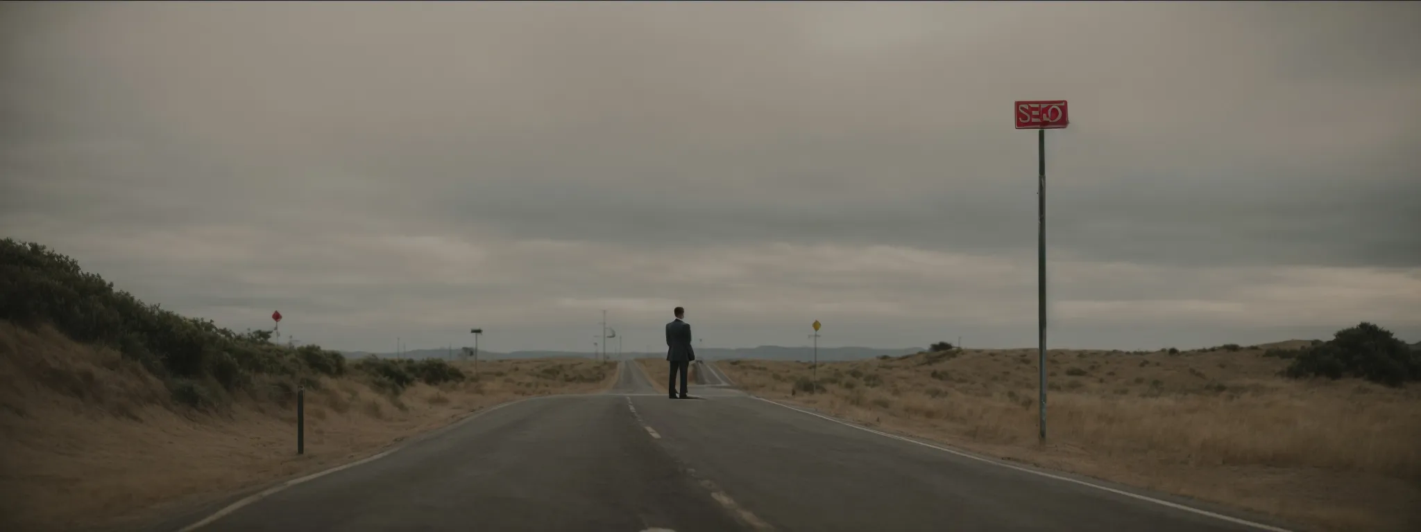 A man in a suit stands alone at a deserted intersection under an overcast sky, with a red sign labeled "SEO" mounted high on a pole to the right of the road.