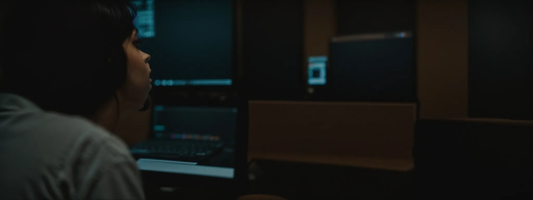 a person staring at a computer screen, illustrating the analysis and optimization of seo practices.