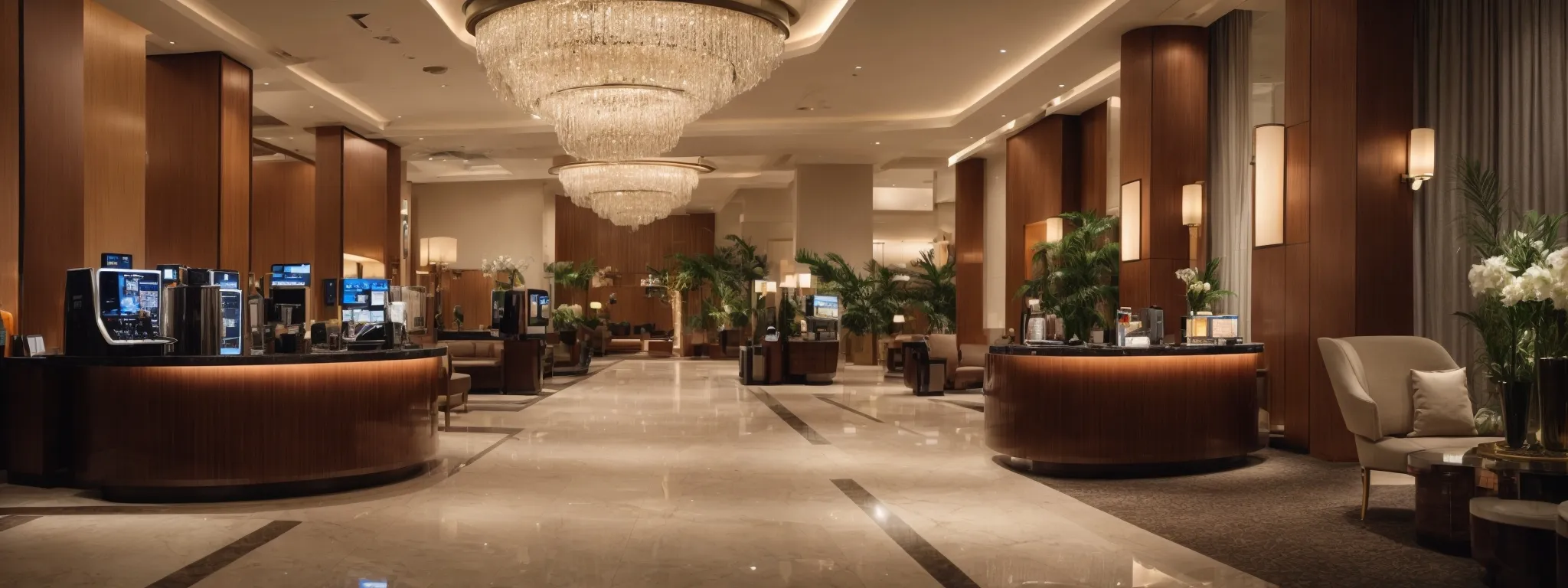 a luxurious hotel lobby with streamlined check-in kiosks surrounded by attractive promotional displays of the hotel's amenities.