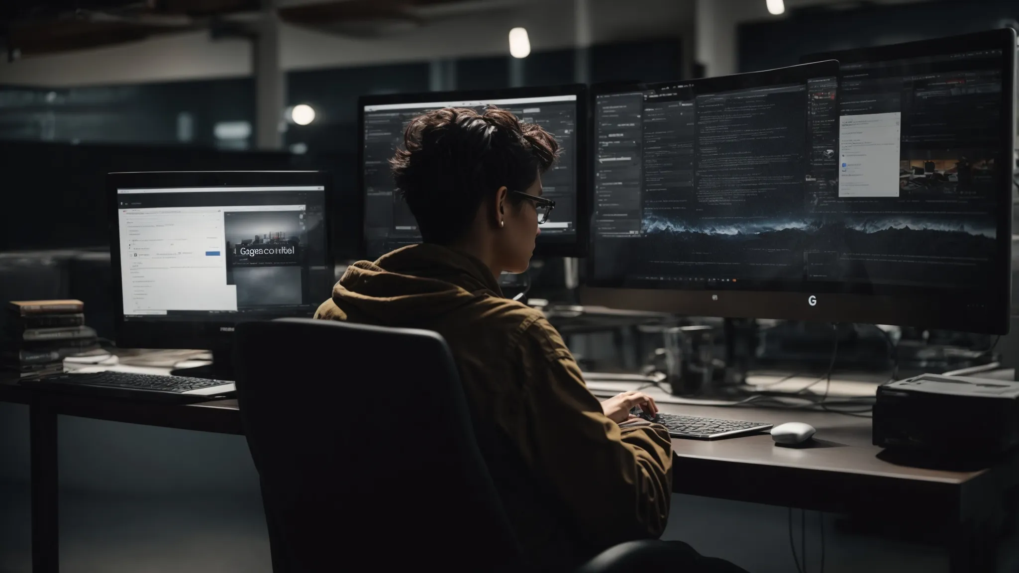 a person seated at a computer is visibly enhancing their online profile with google search results displayed on the screen.