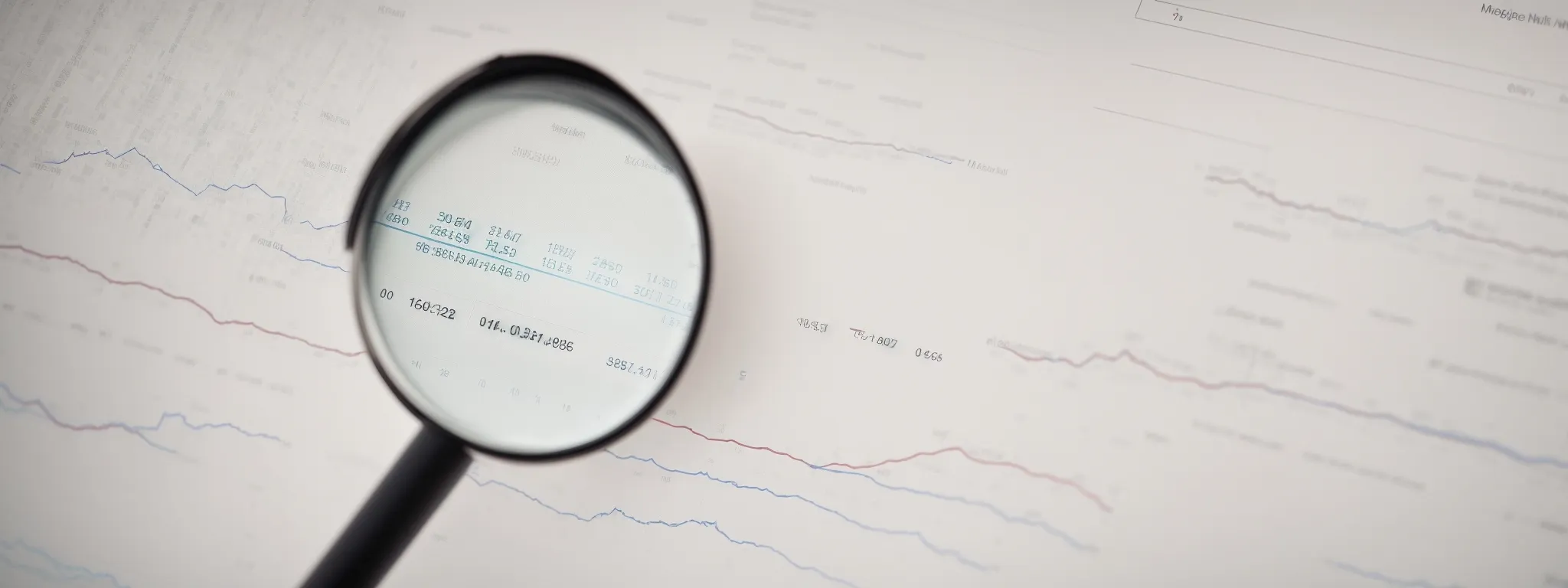 Magnifying glass zooming in on numbers and data on a financial graph or analytics report