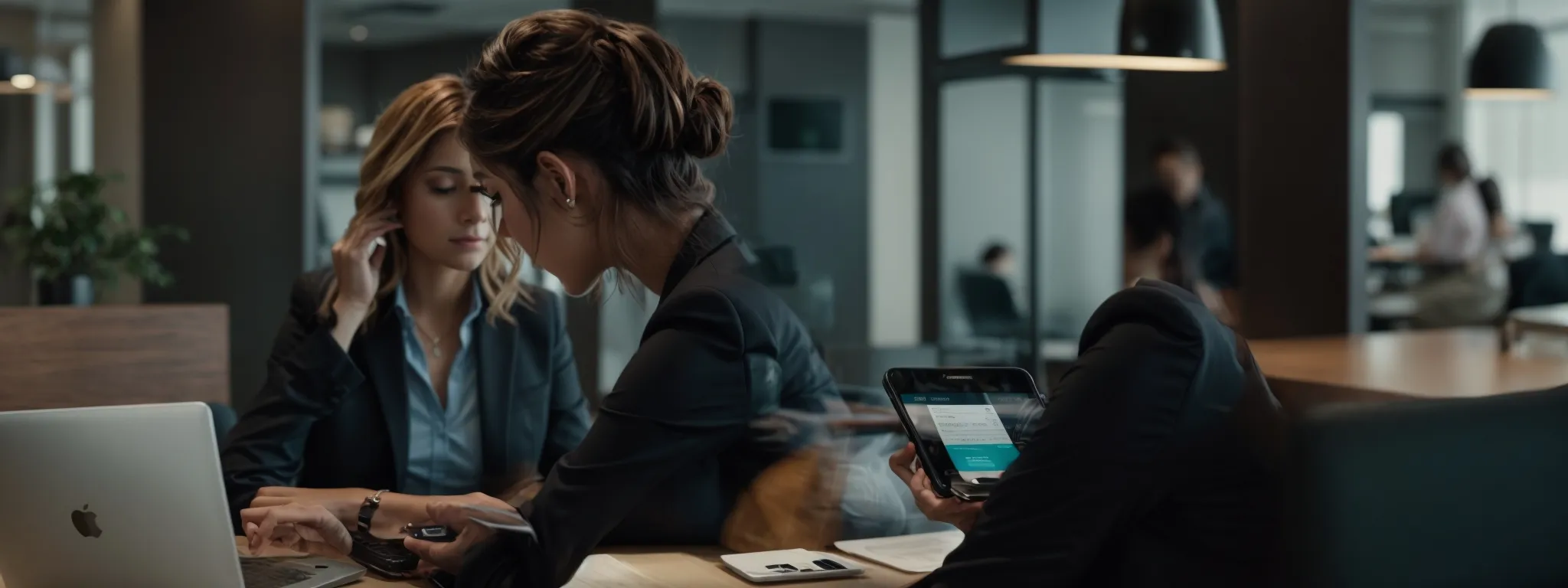 a loan officer intently scrutinizes analytics on a smartphone, optimizing a mobile-friendly website.