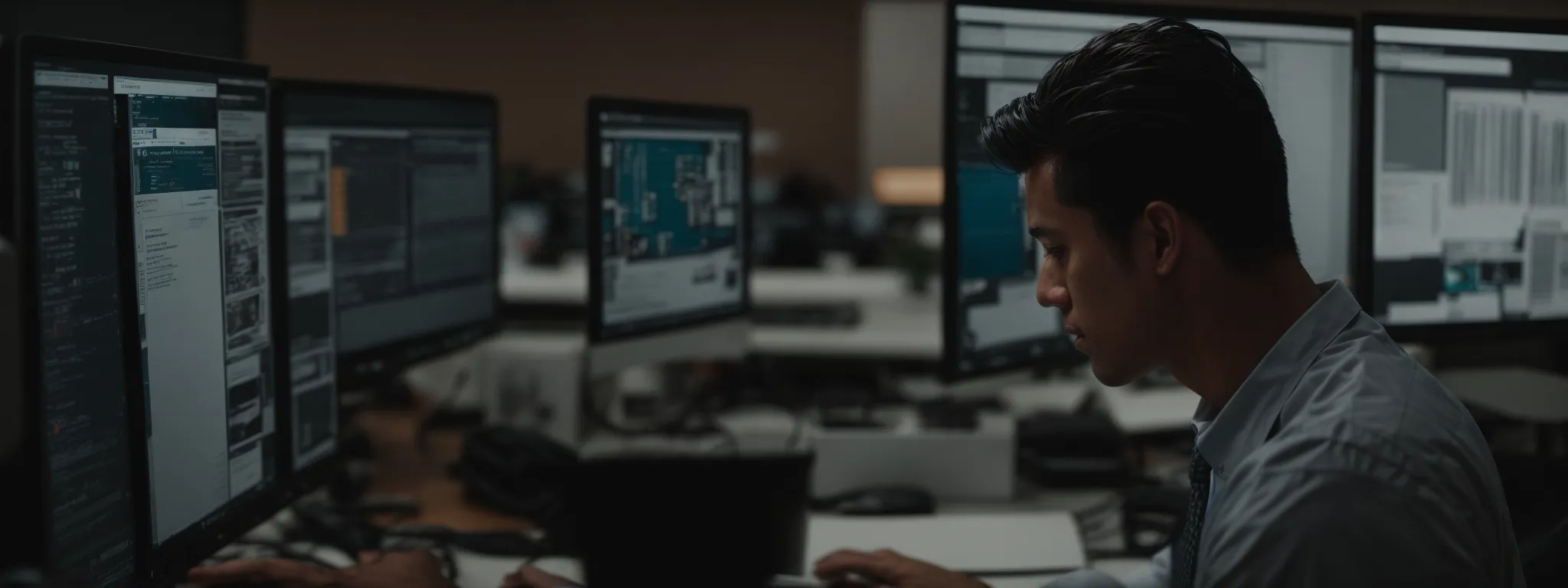 a professional in an office optimizing a website on a computer for better search engine visibility.