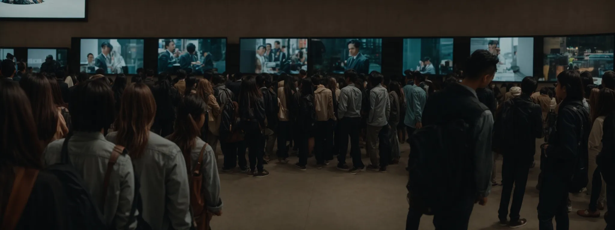 a diverse group of people attentively watches a large screen displaying an eye-catching video advertisement in a modern social setting.