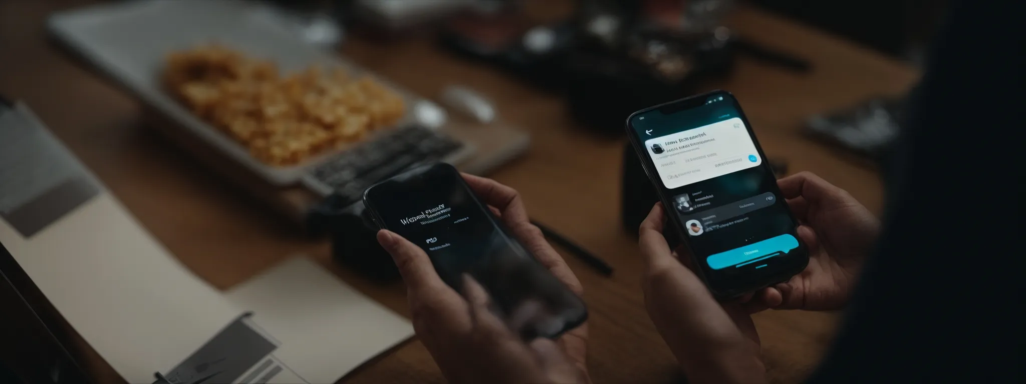 a person holding a smartphone, browsing through a twitter feed, with a clear focus on the interface and an outlined web link.