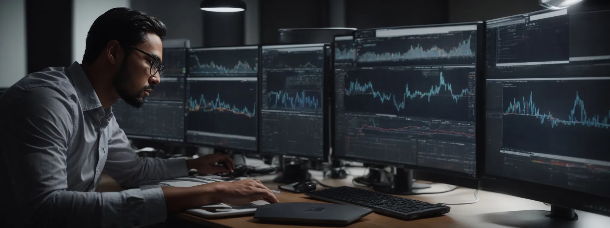 a person at a workstation with dual monitors displaying graphs of social media analytics and seo rankings.