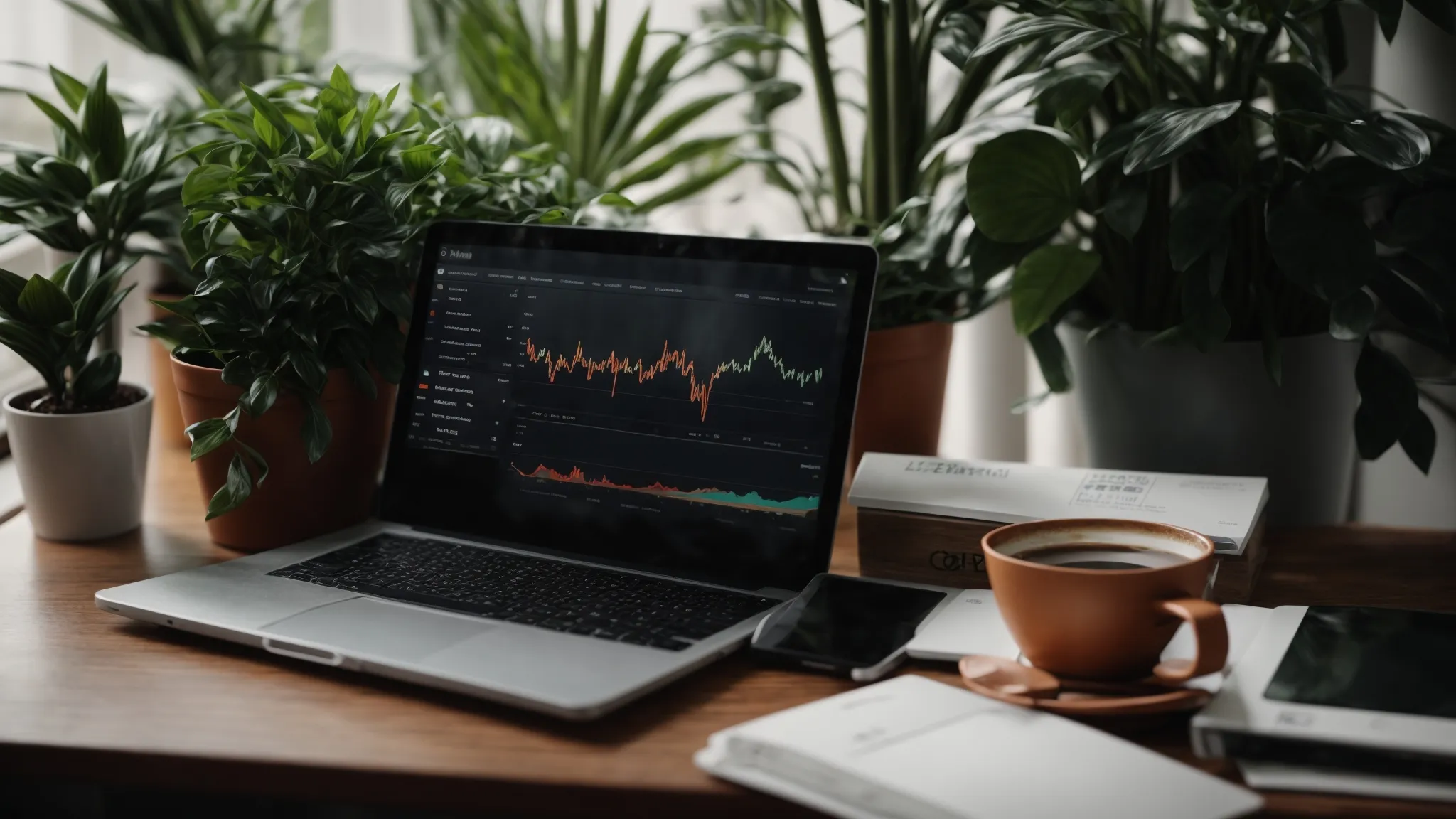 a desktop with an open laptop displaying an analytics dashboard, next to a potted plant and a cup of coffee.