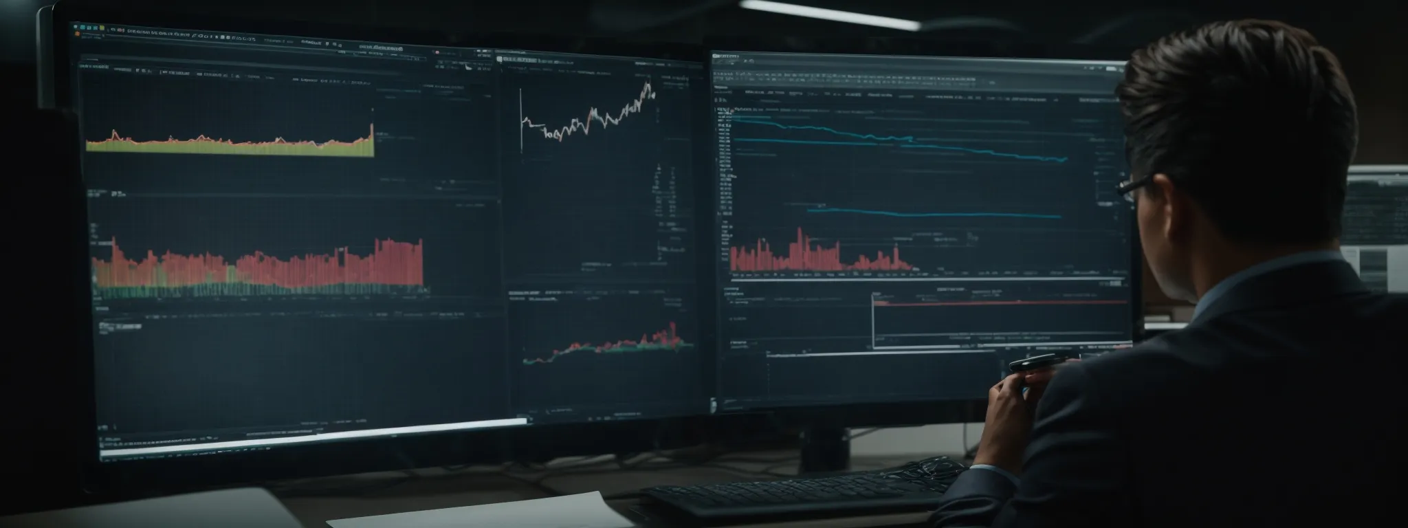 a business professional analyzing complex data on a computer screen to optimize a website's search engine ranking.