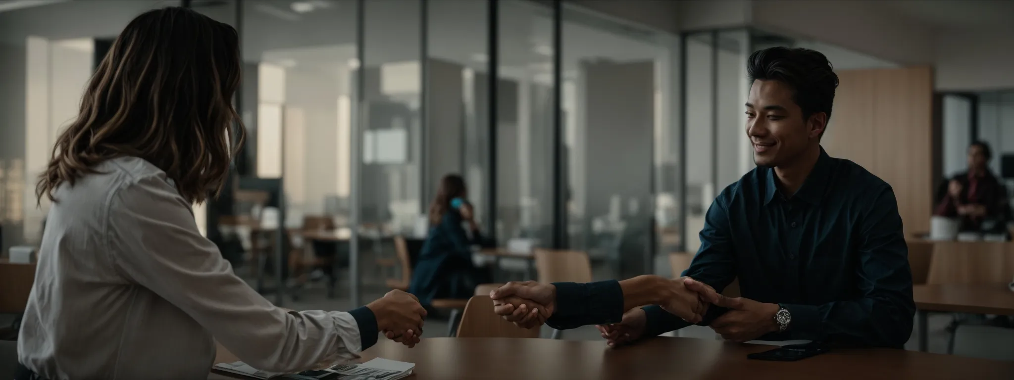 a person shaking hands with a partner across a table in a bright office to symbolize partnership and networking.