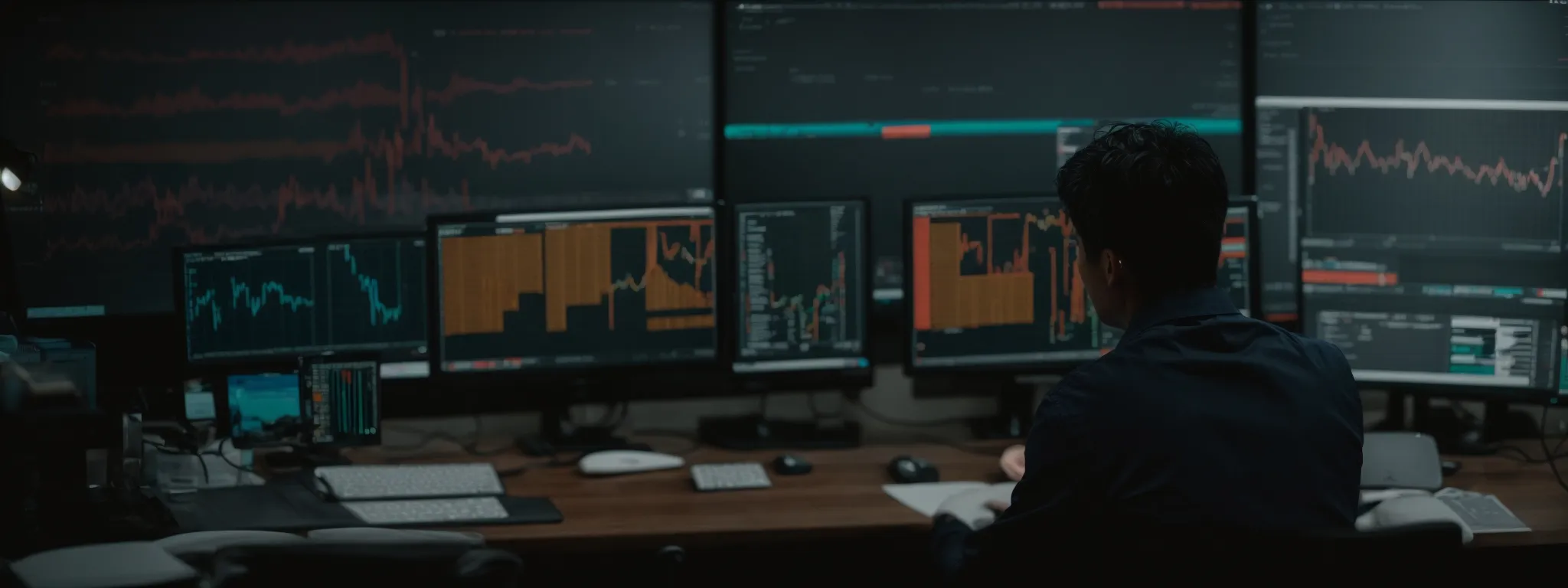 a person sitting at a computer, analyzing a marketing analytics dashboard.