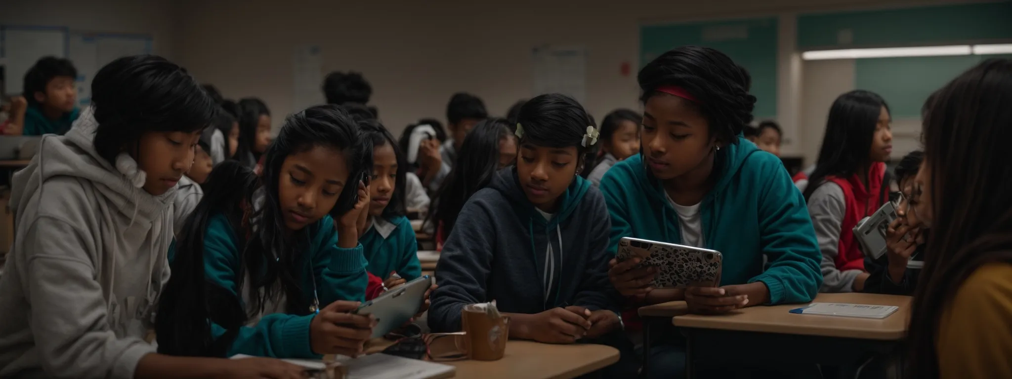 a diverse group of students engaging with digital devices in a modern classroom setting, highlighting the intersection of technology and education.