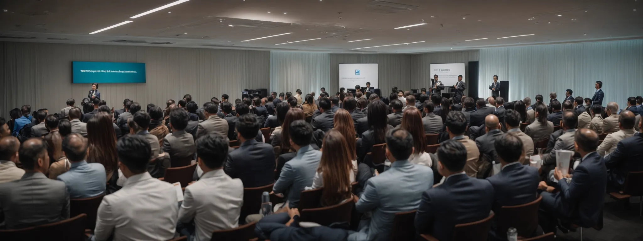 a speaker delivering a compelling presentation to a group of attentive professionals at a digital marketing conference.