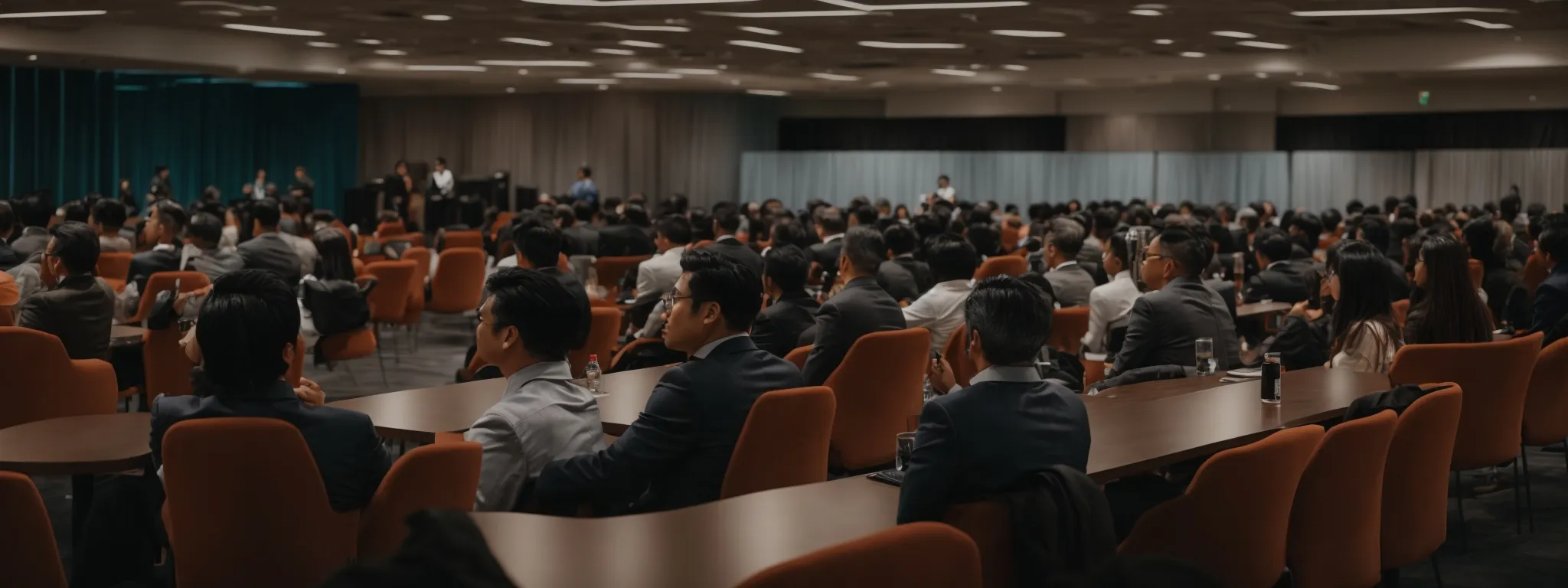 a group of people engaging in conversation at a digital marketing conference hall.