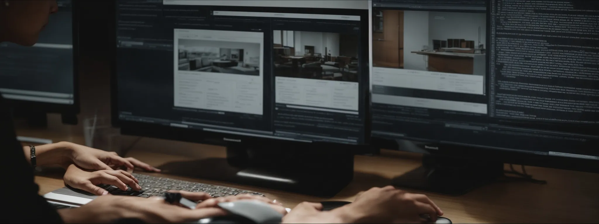 a website designer optimizing a landing page layout on a computer screen, reflecting a focus on conversion.