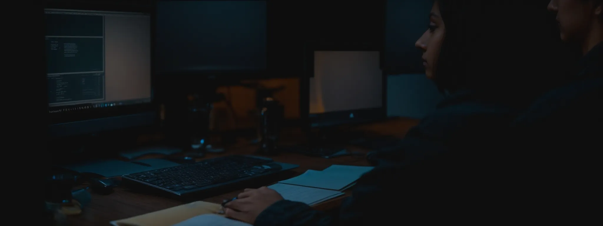 a person sitting at a computer, immersed in studying an email marketing tutorial online.