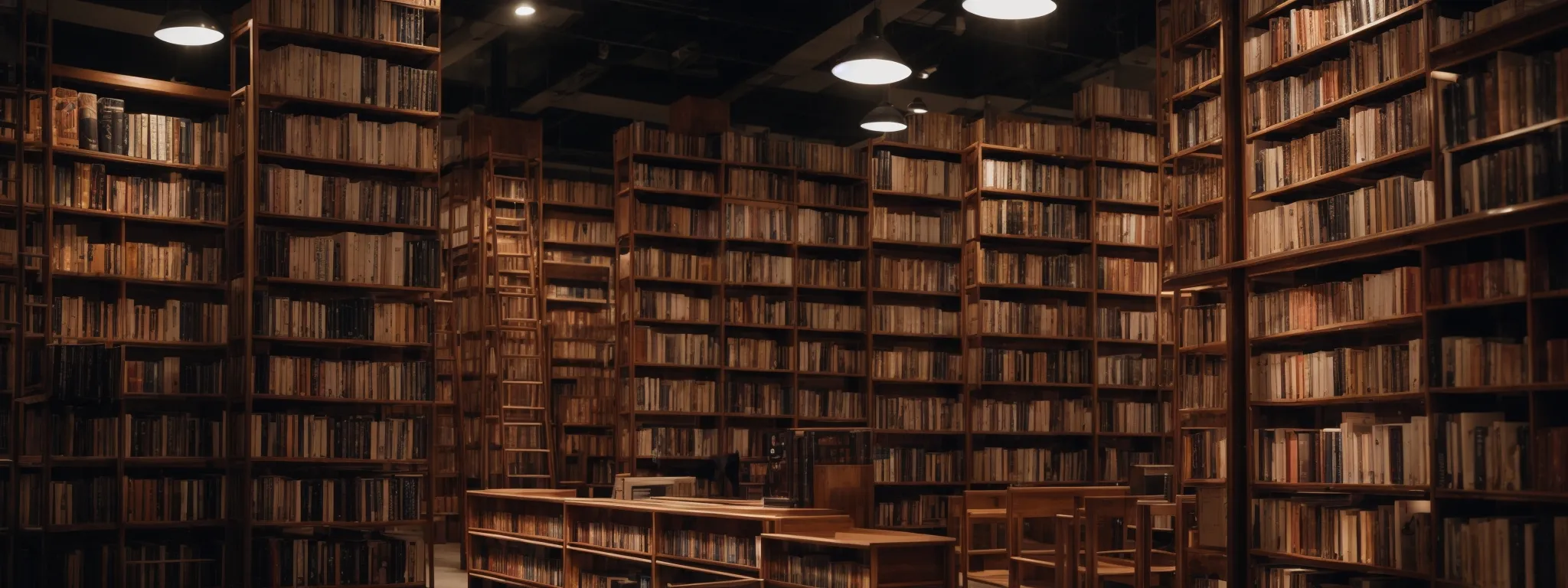an expansive library with diverse books neatly arranged on towering shelves, symbolizing organized and unique content.