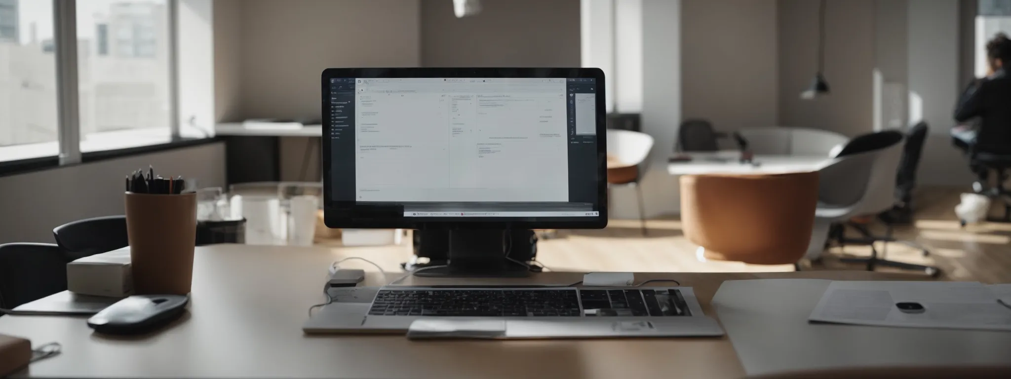 a person sitting at a minimalist desk with a computer, showing a creative brainstorming application on the screen amidst a modern office setting.