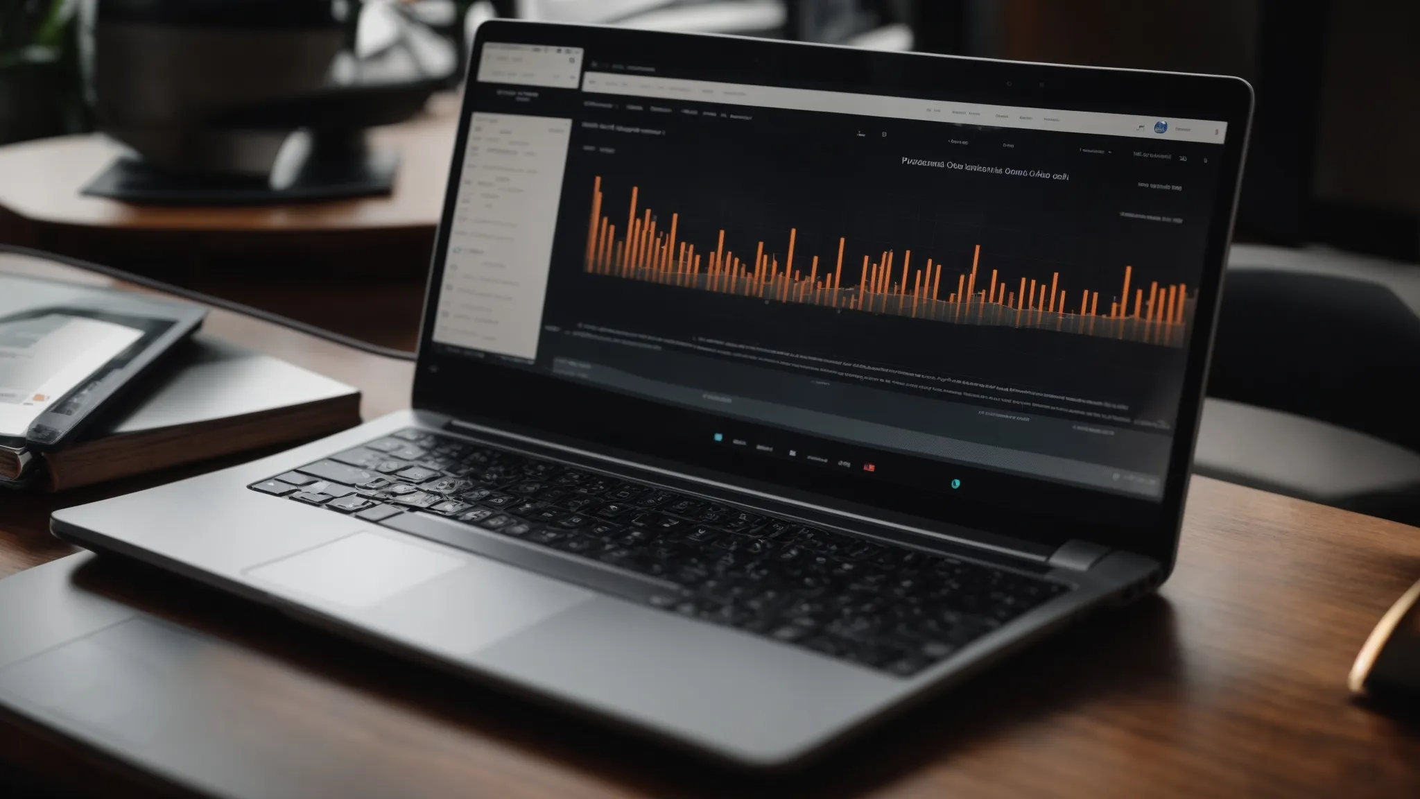 a laptop open on a desk displaying a website with keyword analysis charts relevant to podcast topics.