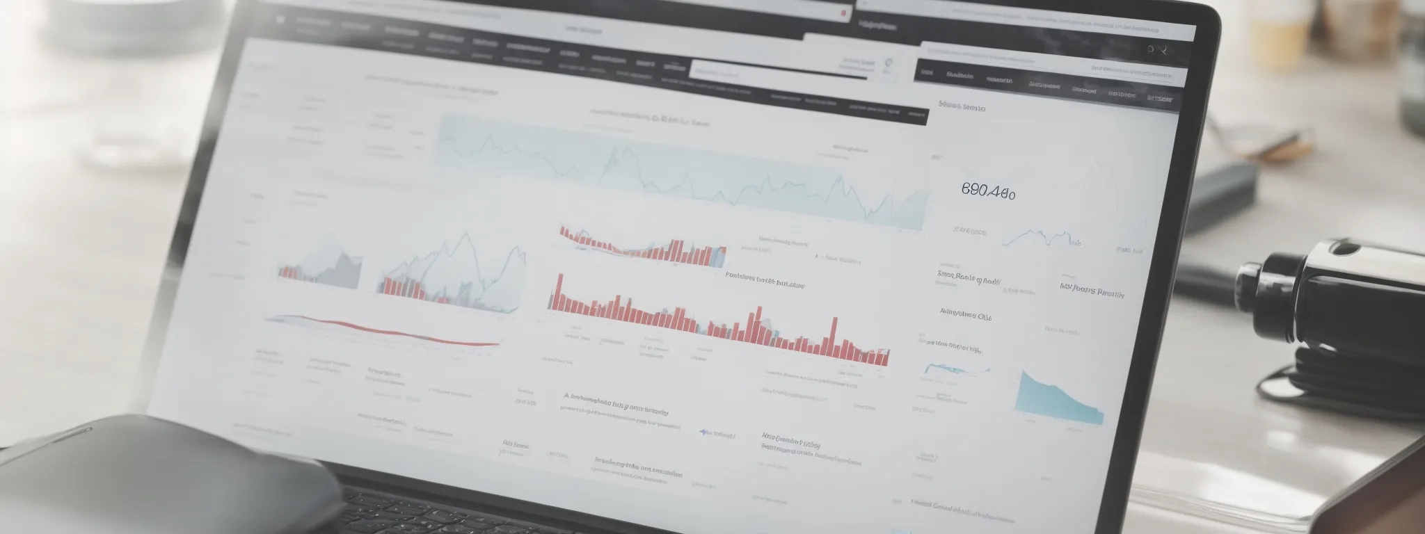 a screen displaying a selection of uk seo blog articles with graphs and analytics data visible.
