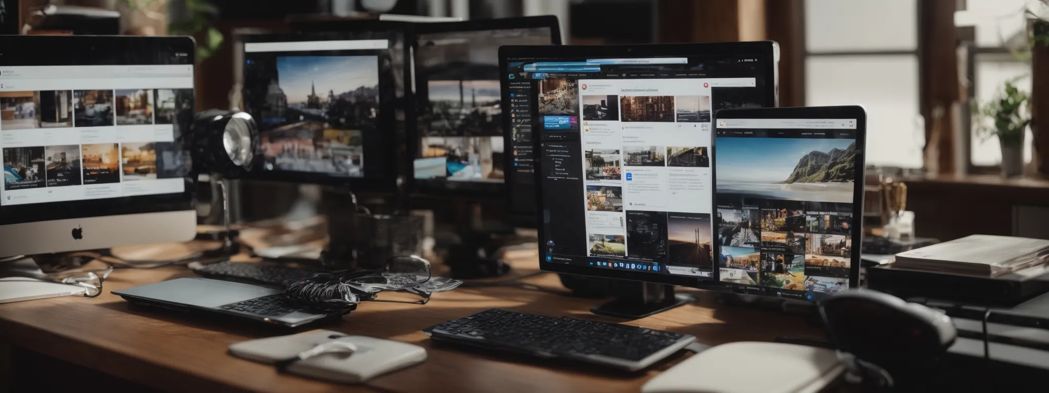 a desk with a computer displaying multiple social media platforms on the screen, alongside a smartphone showcasing a trending hashtag.