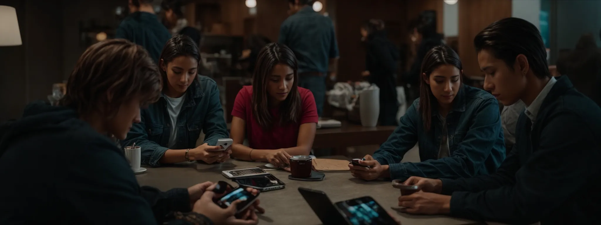 a group of people gathered around a table, each focused on their smartphones and laptops, actively engaging in an online discussion.